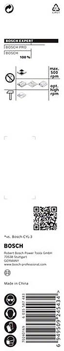 Etykieta opakowania z tworzywa sztucznego 'Bosch CY3' z kodem QR i symbolem recyklingu. Zawiera informacje o producencie oraz symbole dotyczące użytkowania i bezpieczeństwa.