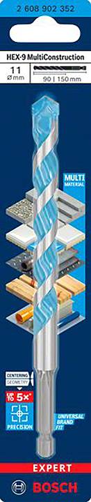 'Wiertło Bosch Expert HEX-9 MultiConstruction, 11 mm, długość 150 mm. Odpowiednie do betonu, muru, płytek, drewna, tworzyw sztucznych, metalu.'