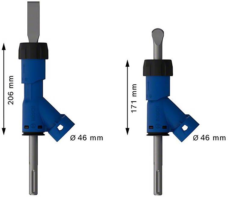 Dwie niebieskie dysze w porównaniu. Dysza lewa: 206 mm wysokości, dysza prawa: 171 mm wysokości. Obie mają średnicę 46 mm.