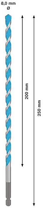 Rysunek wiertła o średnicy 6,0 mm i długości 200 mm. Całkowita długość zewnętrzna wynosi 250 mm. Wzór spiralny w kolorze niebieskim.