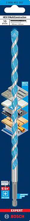 Wiertło 'Bosch' o średnicy 10 mm, do betonu, metalu, płytek ceramicznych. Ilustracja wiertła z przekrojem przedstawiającym materiały, które można nim przewiercić.