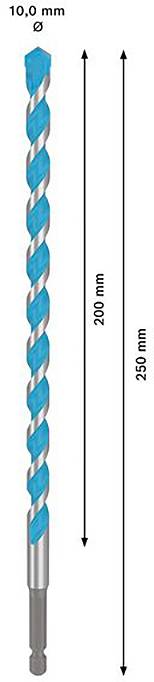 Na ilustracji przedstawiono niebieskoszary wiertło o długości 250 mm i średnicy 10 mm. Głębokość wiercenia wynosi 200 mm.