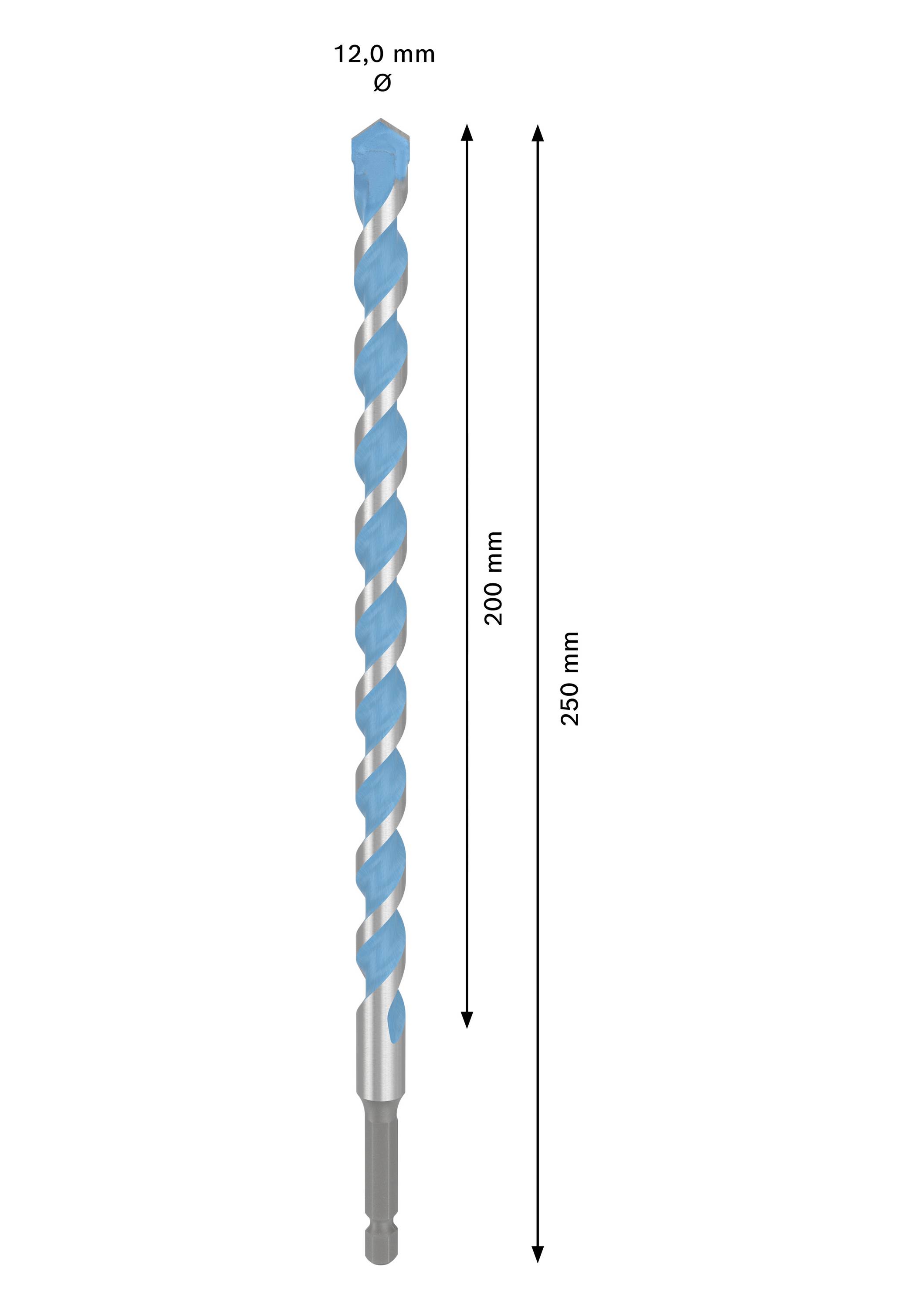 'Wiertło o długości 250 mm i średnicy 12 mm, przedstawione ze strzałkami wskazującymi długość i średnicę.'