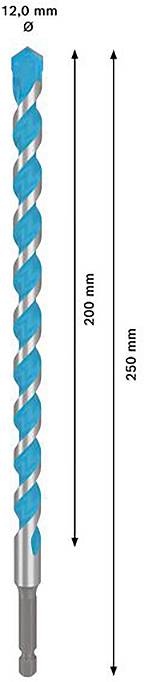 Przedstawiono niebieskie szczęki wiertarskie o długości 250 mm i średnicy 12 mm.