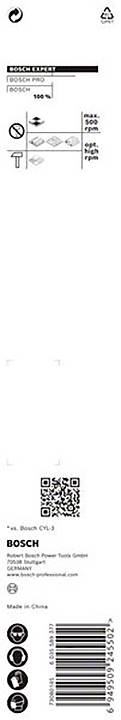 Etykieta: Wiertło Bosch, średnica 3,5 mm, odpowiednie do stali, opakowanie 5 szt., wyprodukowane w Chinach. Zawiera kod QR i kody kreskowe.