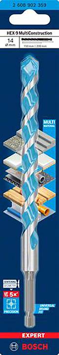 Wiertło w niebiesko-srebrnym designie, oznaczone jako 'Expert Bosch', przeznaczone do pracy z metalem, drewnem, płytkami, betonem i tworzywami sztucznymi.