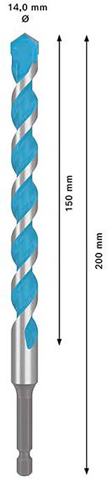 Wiertło stalowe, długość 200 mm, średnica 14 mm, niebieski świder spiralny, długość spirali 150 mm.