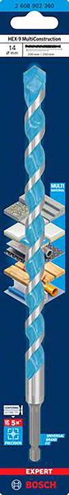Wiertła Bosch, odpowiednie do betonu, muru, cegły, płytek i drewna. Opakowanie prezentuje zakresy zastosowań i szczegóły wiertła.