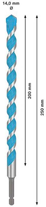 'Wiertło o średnicy 14,0 mm i całkowitej długości 250 mm. Długość robocza wynosi 200 mm.'