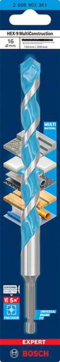 Wiertło wielozadaniowe 'Bosch' o średnicy 16 mm, odpowiednie do murów, drewna i metalu, z wytrzymałym sześciokątnym czubkiem ze stali szybkotnącej HSS.