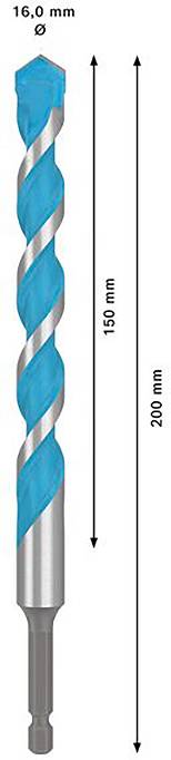 Wiertło o długości 200 mm i średnicy 16 mm, z czego 150 mm stanowi długość gwintu, przedstawione z podanymi wymiarami.