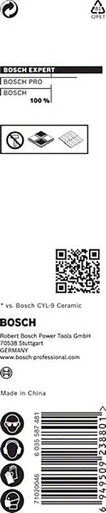 'Bosch Expert'. Etykieta opakowania z logo, tekstem i kodem kreskowym. Zawiera kod QR. Informacja 'Wyprodukowano w Chinach'. Znaki bezpieczeństwa i marki.
