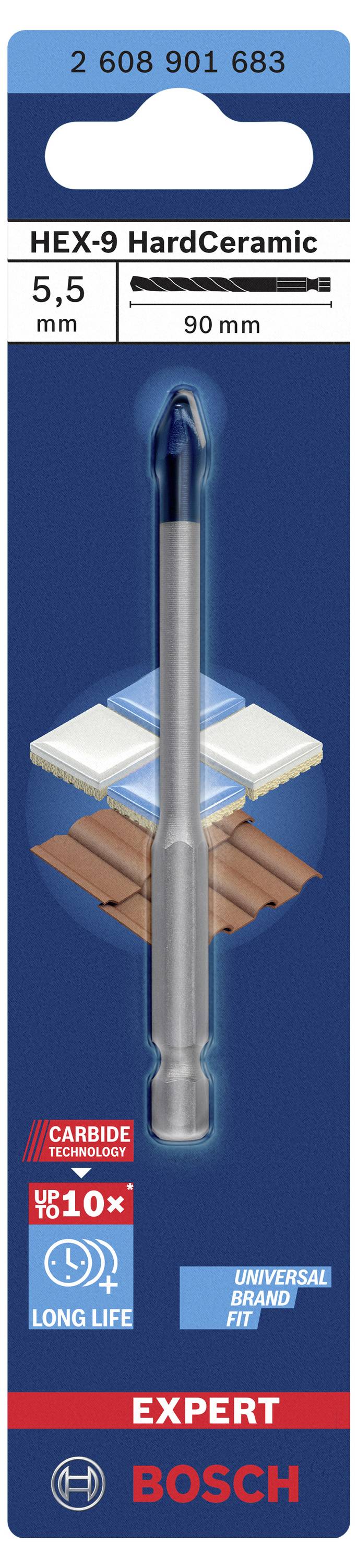 Opakowanie Bosch HEX-9 HardCeramic Bohrer 5,5 mm prezentuje wytrzymały wiertło do płytek. Odpowiedni do pracy bezprzewodowej z uniwersalnym uchwytem.