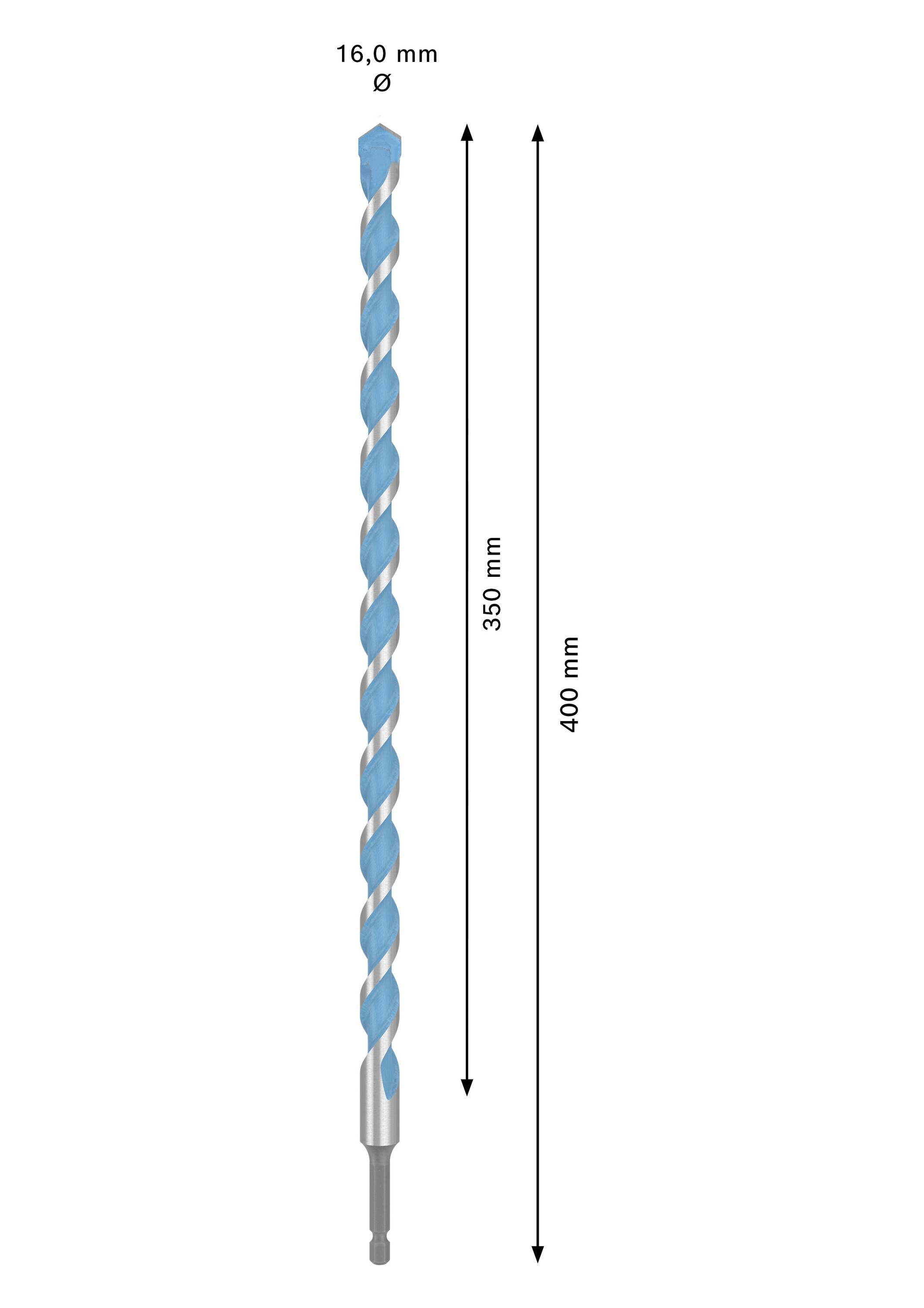 Uchwyt wiertarski z niebieskim spiralnym wzorem. Długość: 400 mm, długość użytkowa: 350 mm, średnica: 16 mm. Odpowiedni do precyzyjnych prac wiertniczych.