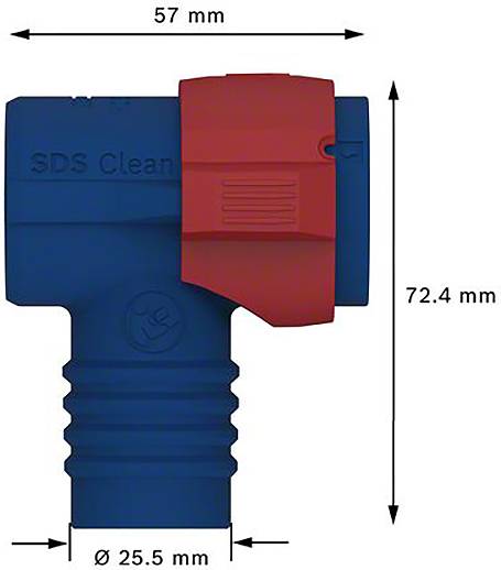 Niebieski adapter z czerwonym zamknięciem, oznaczenie 'SDS Clean', wymiary: 57 mm szerokości, 72,4 mm wysokości, 25,5 mm średnicy.