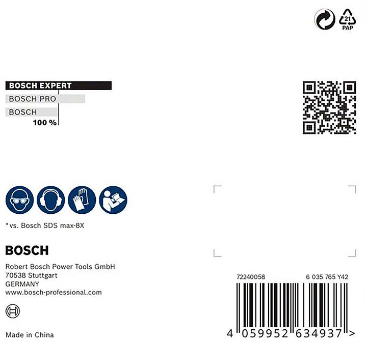 Etykieta opakowania 'Bosch Expert' z kodem QR, symbolami ochrony oczu, ochrony słuchu i ochrony rąk. Adres: Robert Bosch Power Tools GmbH, Stuttgart, Niemcy. Wyprodukowano w Chinach.