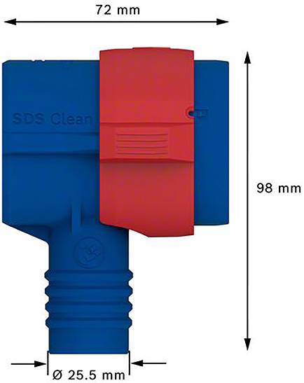 'Techniczna ilustracja SDS Cleanera w kolorach niebieskim i czerwonym o wymiarach 72 mm szerokości, 98 mm wysokości i 25,5 mm średnicy.'
