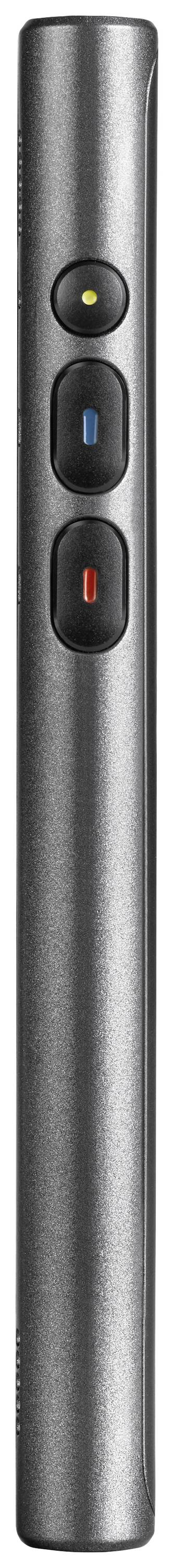 Cienki, srebrny pilot zdalnego sterowania z trzema przyciskami ułożonymi w pionie; przyciski są w kolorach żółtym, niebieskim i czerwonym.