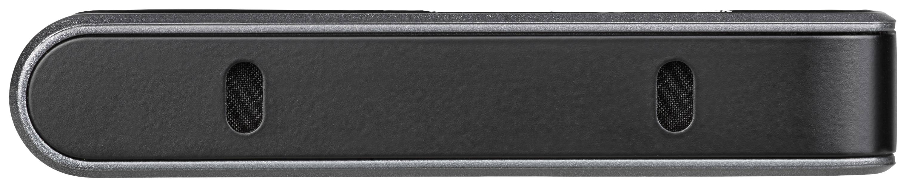 Czarny pendrive o prostokątnym kształcie, zaokrąglonych narożnikach i srebrnej ramce, widziany z góry.