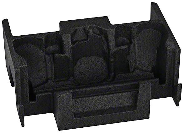 Ciemny, złożony element z tworzywa sztucznego o skomplikowanym kształcie z wieloma rowkami i wypukłościami, prawdopodobnie część maszyny lub podzespół elektroniczny.