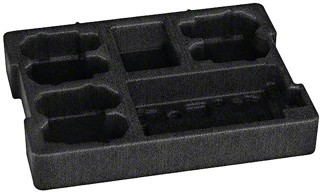 Czarna wkładka z pianki z wieloma prostokątnymi i owalnym wgłębieniami do bezpiecznego przechowywania przedmiotów.