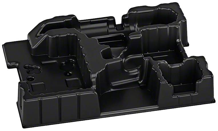 Ciemny element plastikowy o złożonym kształcie z różnymi wyprofilowanymi przegrodami i wyniosłościami, który może służyć jako wkładka lub opakowanie.