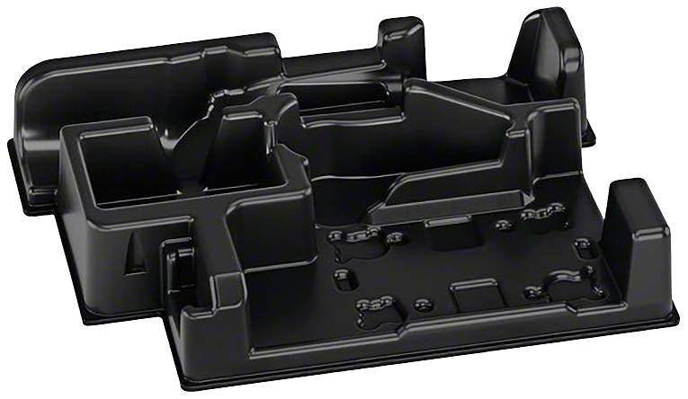 Czarny, prostokątny element plastikowy z kilkoma wgłębieniami i wypustkami, służący jako wkładka opakowaniowa.