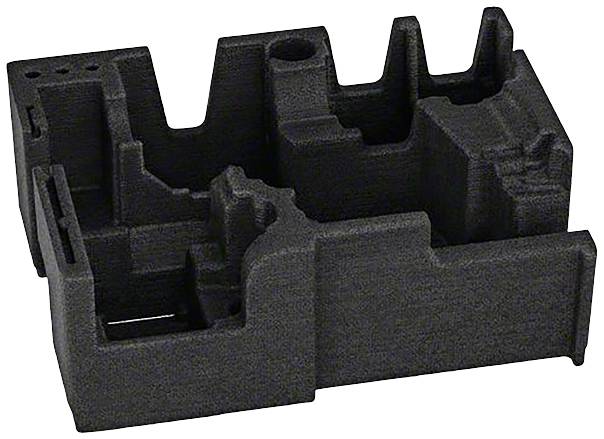 Czarna wkładka z pianki z wieloma przegródkami i zagłębieniami, prawdopodobnie przeznaczona do przechowywania lub zabezpieczania urządzeń bądź narzędzi.