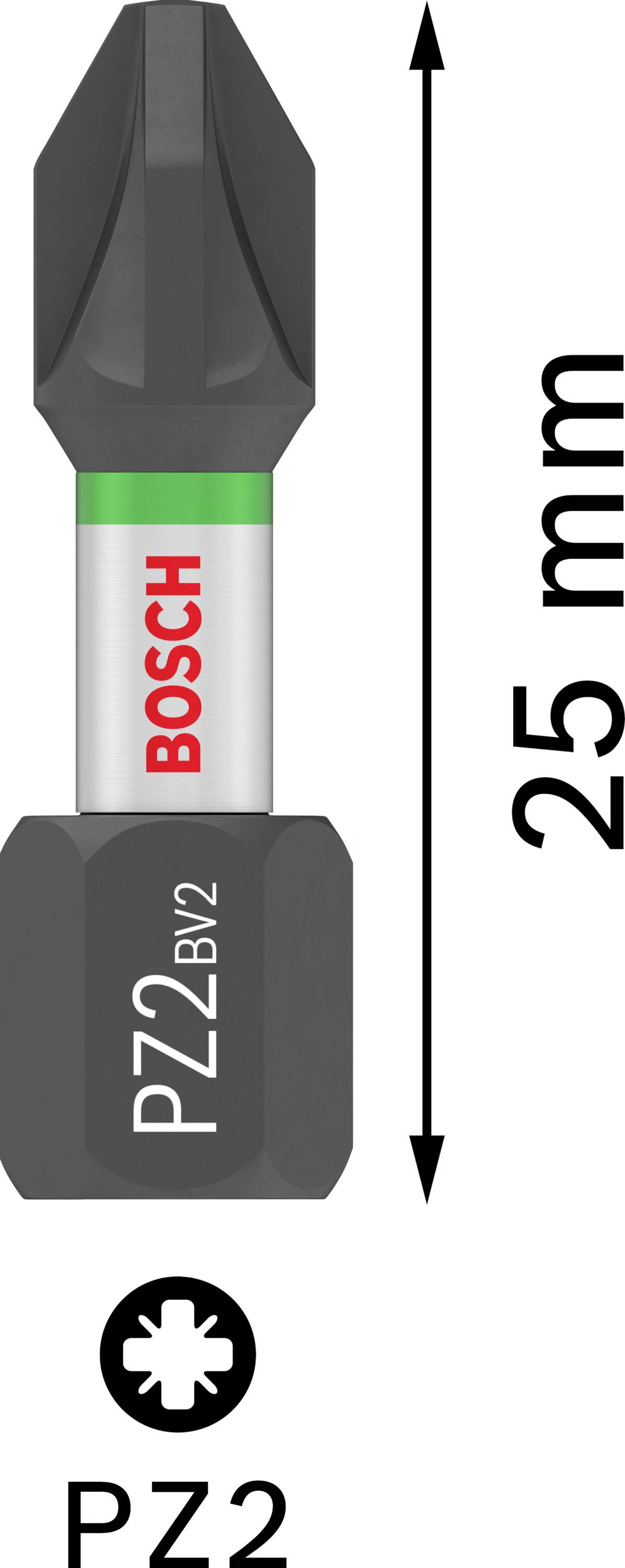 Bit wkrętakowy Bosch-TORX, PZ2, długość 25 mm, czarna końcówka z zielonym pierścieniem i marką, symbol profilu krzyżowego na dole z tekstem PZ2.