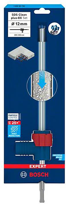 Opakowanie zestawu akumulatorowych wierteł Bosch SDS Clean plus-8X 12 mm prezentuje narzędzie z ilustracją odsysania pyłu podczas wiercenia.