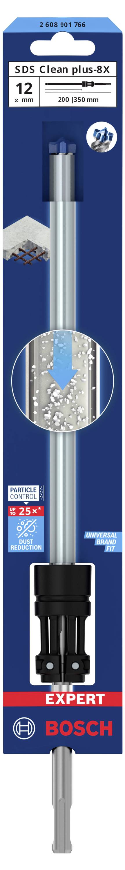 Opakowanie wiertła 'SDS Clean plusX' firmy Bosch, długość 210 mm, średnica 12 mm; odpowiednie do betonu, prezentujące design produktu.