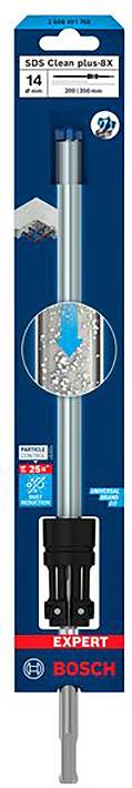 Wiertło 'Bosch Expert SDS Clean PlusX 14x200mm' w niebieskim opakowaniu, wyróżniające się cechami odpowiednimi do cięcia i długotrwałością.