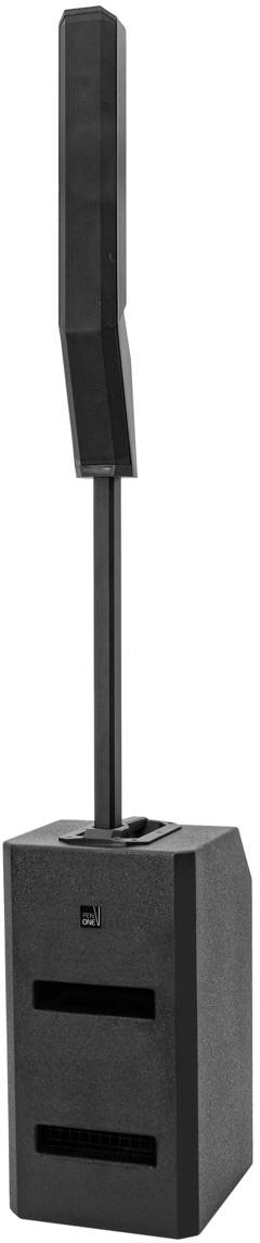 Przenośny system głośnikowy z dwoma nakładającymi się na siebie głośnikami w czarnym designie, odpowiedni na imprezy.