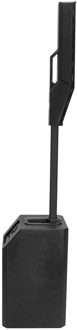 Pionowy, czarny głośnik o smukłej, nowoczesnej stylistyce z długoosiową, wąską obudową.