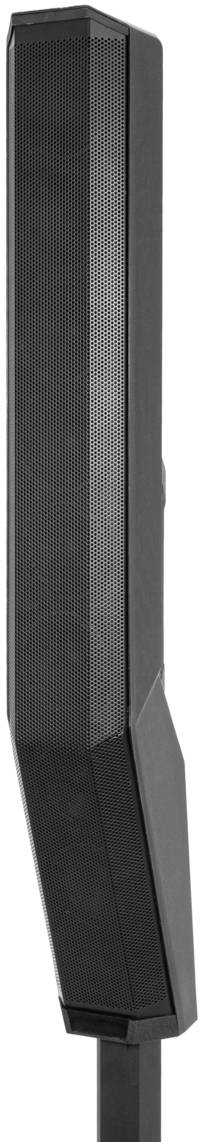 Czarny głośnik wolnostojący o prostokątnym kształcie, lekko pochylony do tyłu, zamontowany na stabilnym stojaku.