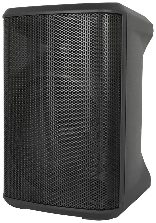 Czarny głośnik z metalową siatką osłaniającą, stojący pionowo.