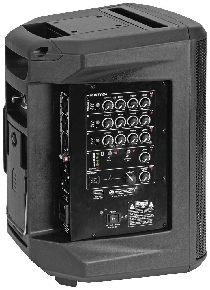 Przenośny głośnik z elementami sterującymi i złączami po jednej stronie. Odpowiedni na imprezy i różne rodzaje odtwarzania dźwięku.