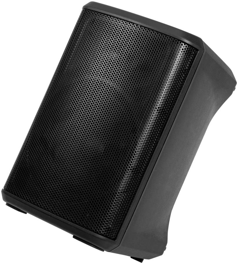 Czarny, ukośnie ustawiony głośnik z metalową kratką. Odpowiedni do emisji dźwięku podczas imprez lub we wnętrzach.
