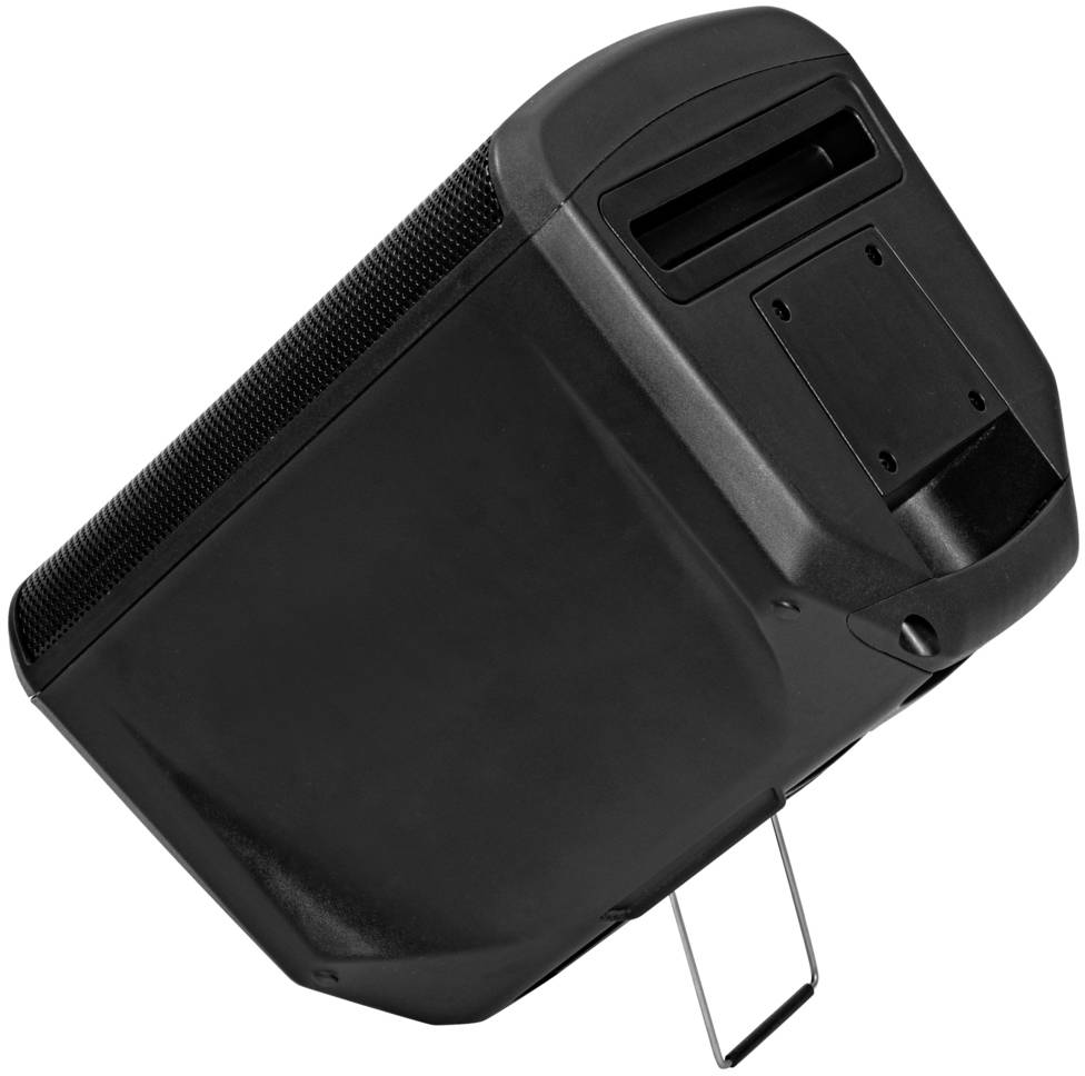 Czarny, trapezowy głośnik z uchwytem i metalowymi wspornikami, widziany od dołu. Przeznaczony do profesjonalnego odtwarzania dźwięku.