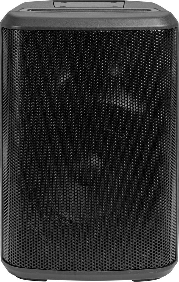 Czarny, przenośny głośnik z metalową kratką i solidną obudową, idealny do odtwarzania muzyki i dźwięku.