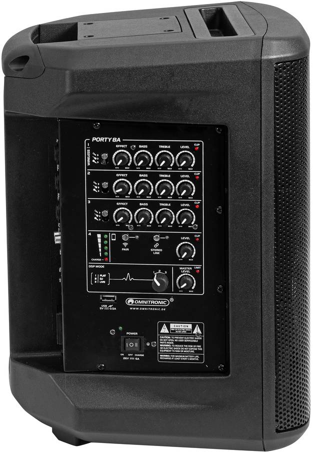 Czarny głośnik z wieloma przyciskami sterującymi i regulatorami na przedniej ściance, służącymi do dostosowywania dźwięku i głośności.