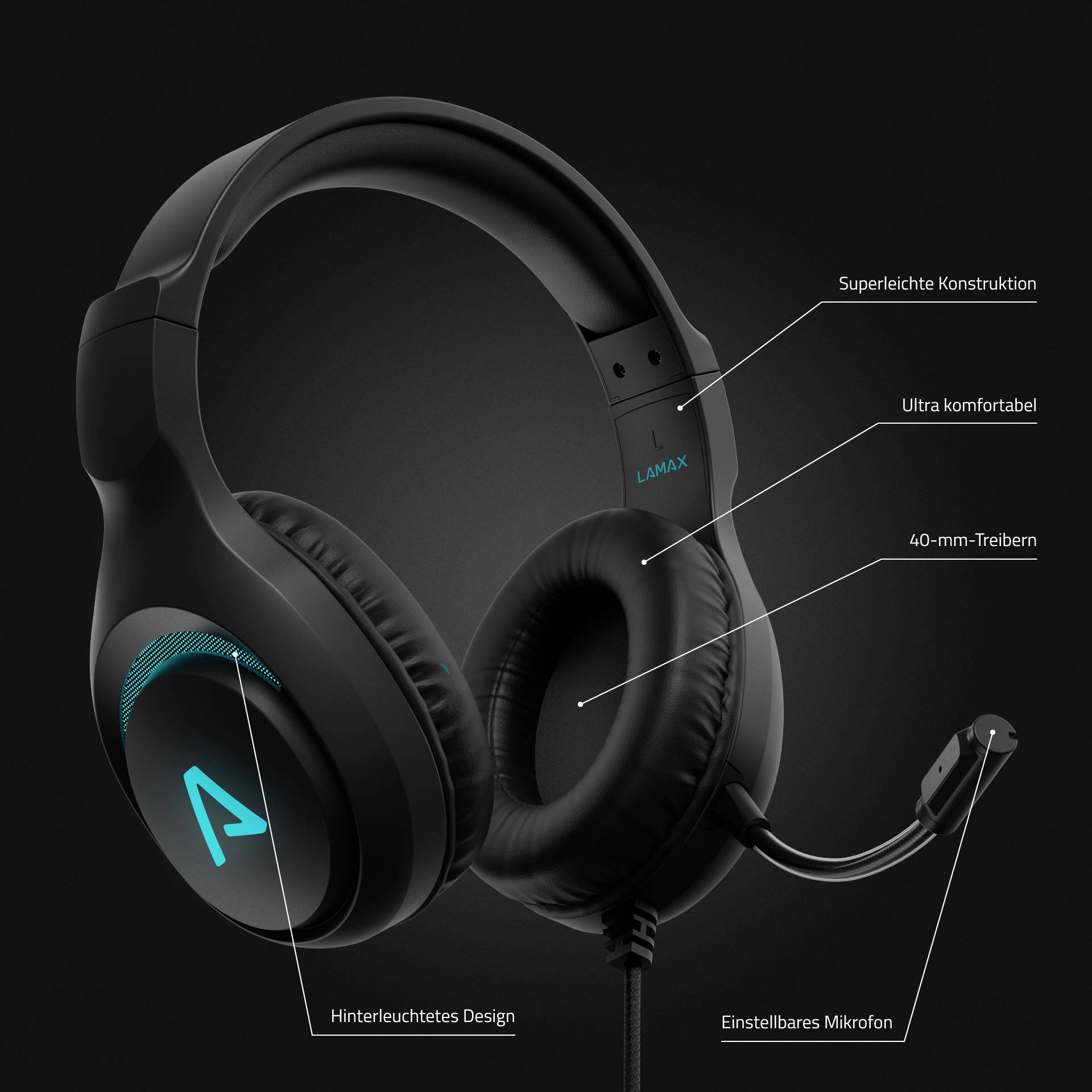 Czarny zestaw słuchawkowy dla graczy z niebiesko podświetlanym logo, mikrofonem, wygodnym wypełnieniem oraz 40-milimetrowymi przetwornikami; wyrazisty i ergonomiczny.