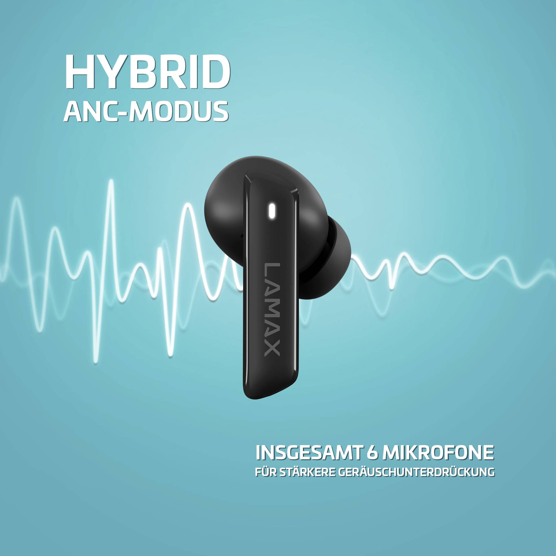 Czarny bezprzewodowy słuchawka douszna z napisem 'LAMAX', fale dźwiękowe w tle. Tekst: 'Hybrydowy tryb ANC', 'Łącznie 6 mikrofonów'.