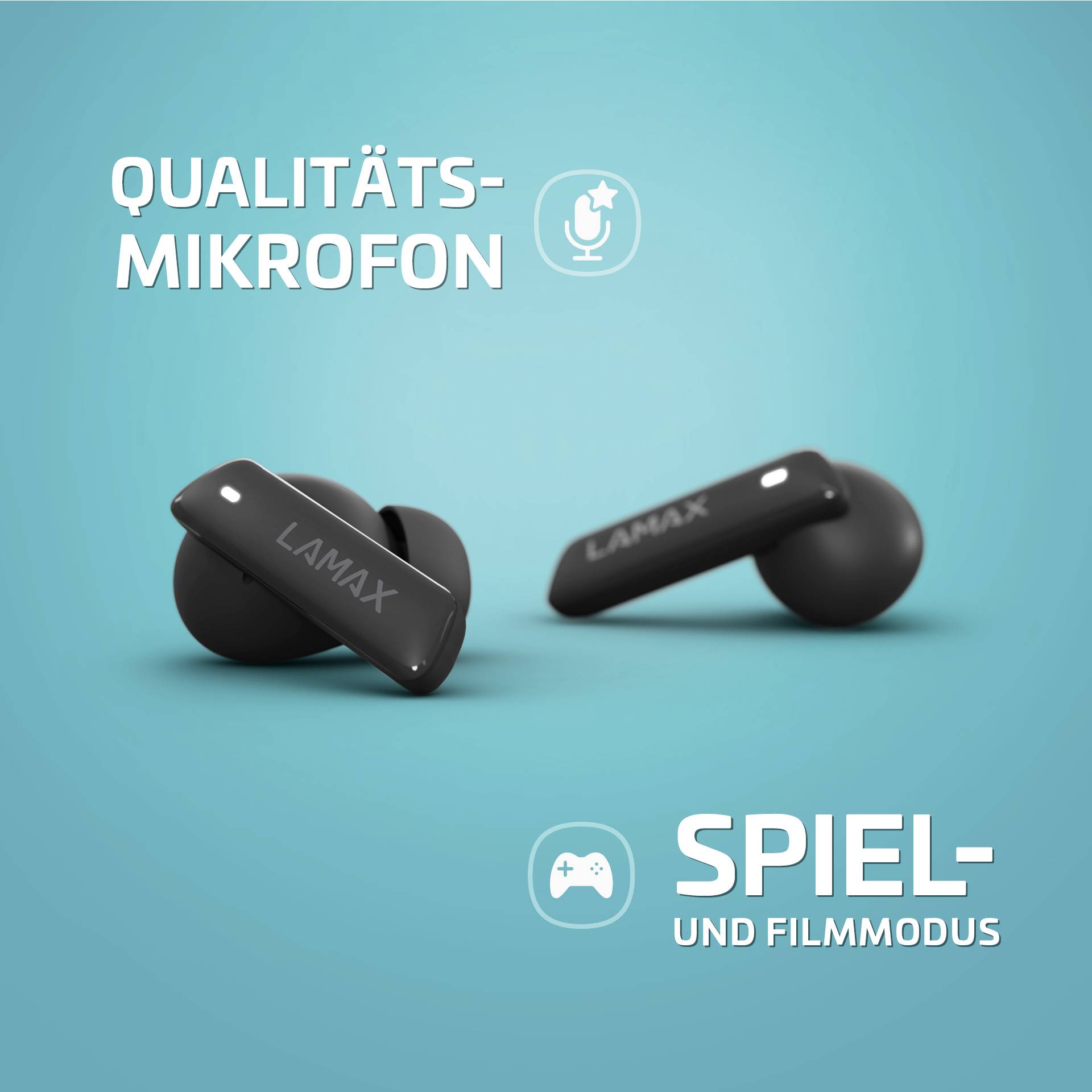 Dwa czarne bezprzewodowe słuchawki douszne na niebieskim tle. Tekst: 'Profesjonalny mikrofon', 'Tryb gry i filmu'. Symbole mikrofonu i kontrolera.