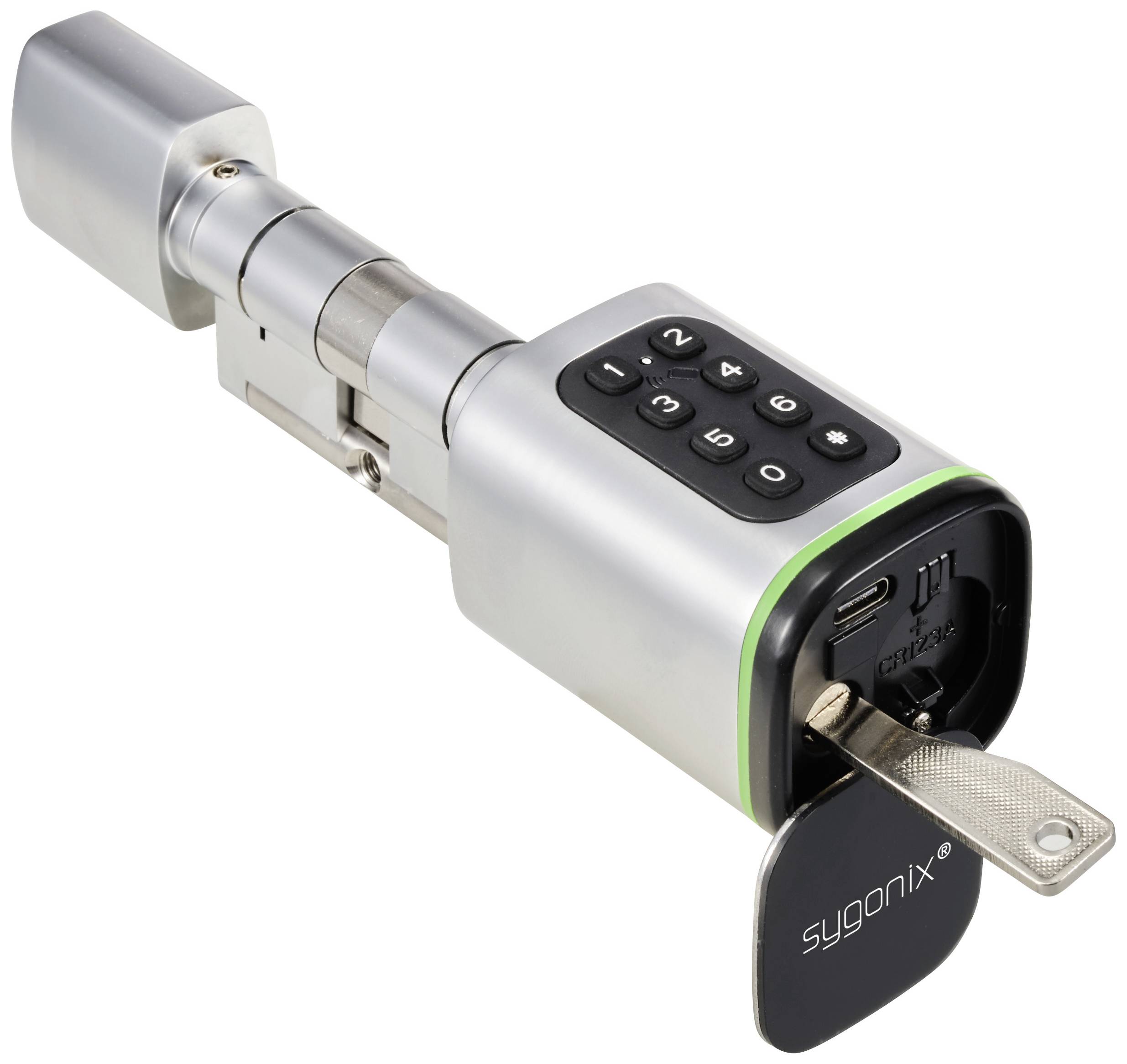 Elektroniczny zamek do drzwi z klawiaturą i złączem USB, odpowiedni do obsługi za pomocą klucza lub wprowadzenia kodu.