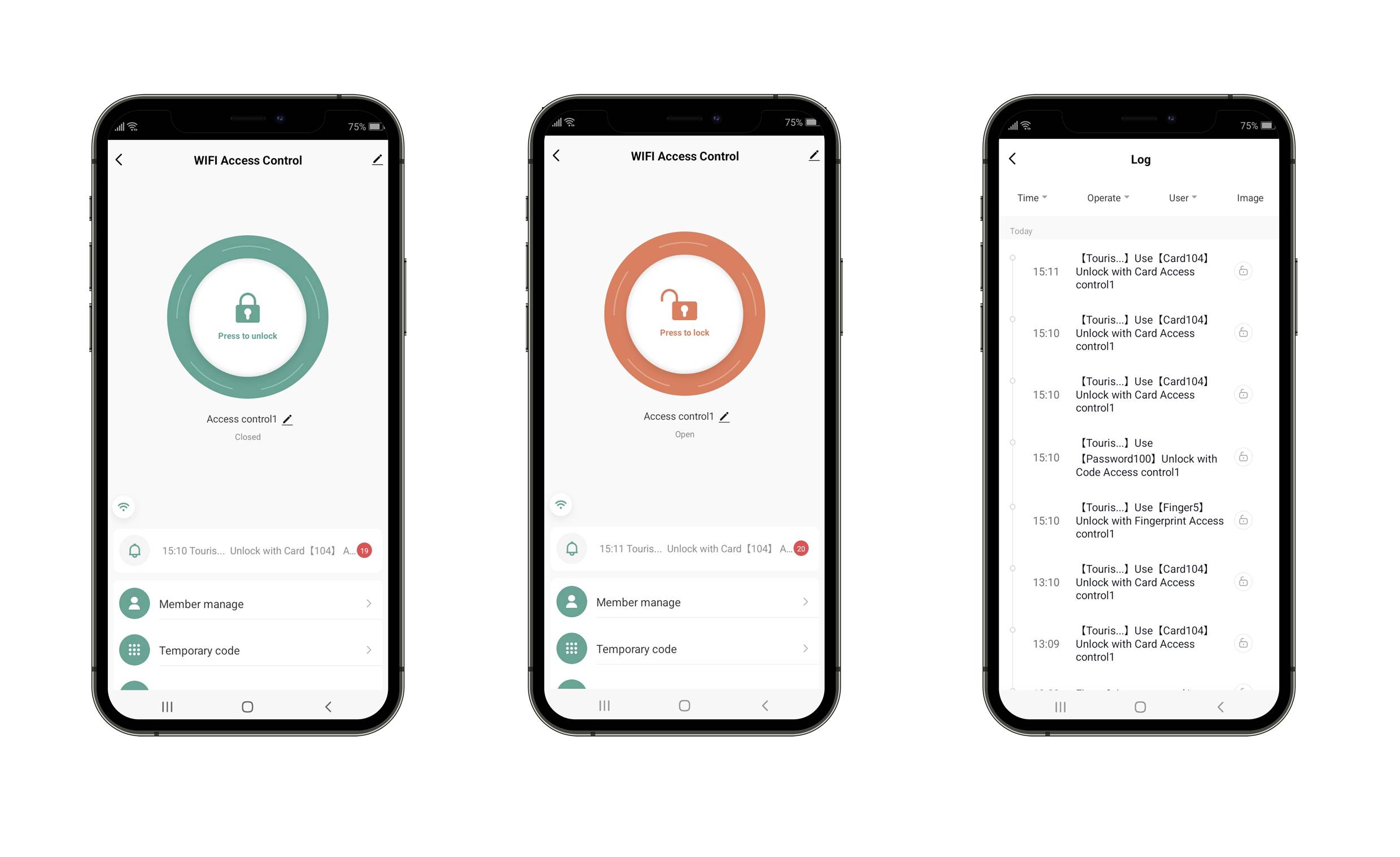 Trzy ekrany smartfonów wyświetlają aplikację do kontroli dostępu Wi-Fi: symbole dostępu w kolorach zielonym i pomarańczowym; wpisy dziennika po prawej stronie.