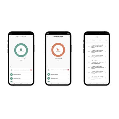 Trzy ekrany smartfonów wyświetlają aplikację do kontroli dostępu Wi-Fi: symbole dostępu w kolorach zielonym i pomarańczowym; wpisy dziennika po prawej stronie.