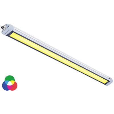 Długa lampa LED z żółtym światłem. W lewym dolnym rogu trzy nakładające się koła w kolorach czerwonym, zielonym i niebieskim.