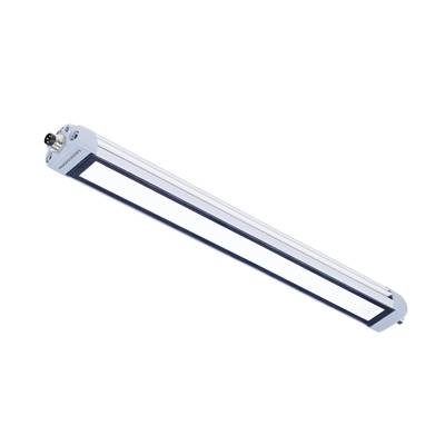 Prostokątna lampa LED z metalową obudową i przezroczystą osłoną, przeznaczona do oświetlenia przemysłowego.