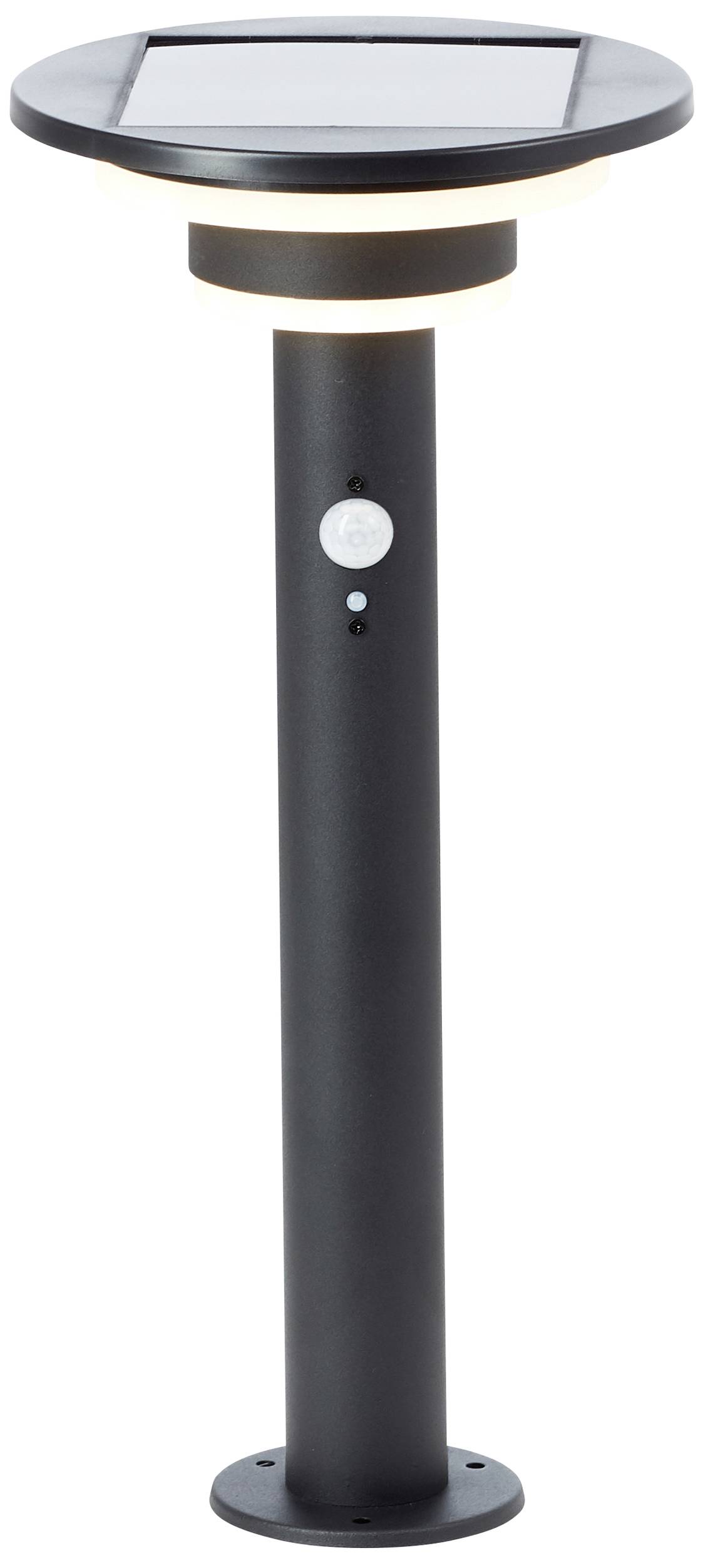 Czarna solarna lampa ogrodowa z okrągłą głowicą i zintegrowanym czujnikiem ruchu, umieszczona na smukłej, wysokiej podstawie.